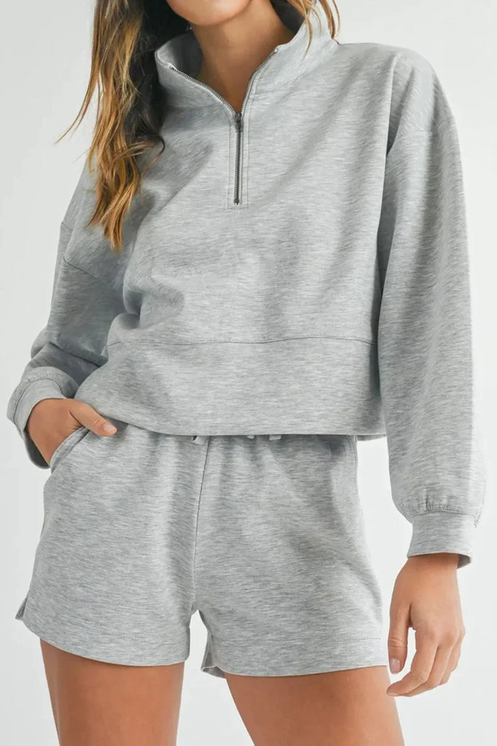 Comfy matching two-piece set with long sleeve pullover and drawstring shorts