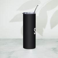 Stainless tumbler in car cupholder for moms on the go