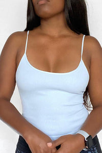 Front view of the ribbed crisscross cami, sowing trendy cross straps and fitted style